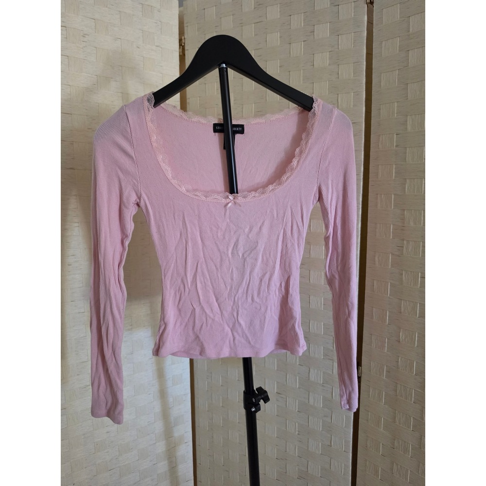 Streetwear Society Pink Ribbed Lace Trim Bow Scoop Neck Long Sleeve Top XS